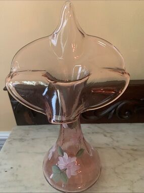 Fenton Pink Hand-Painted Floral Art Glass Jack in Pulpit Vase